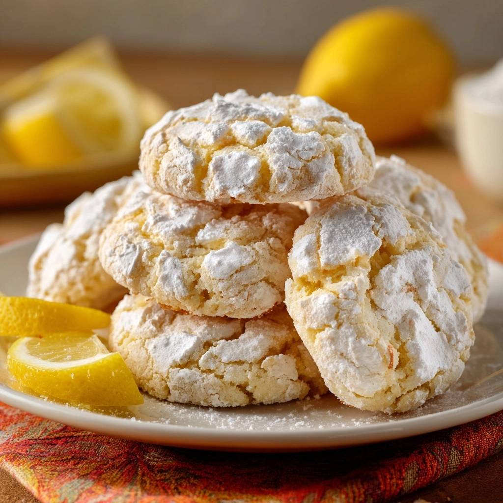 Zitronen-Crinkle-Cookies auf einem Teller, serviert mit Zitronenscheiben und Puderzucker bestäubt, bereit zum Genießen.
