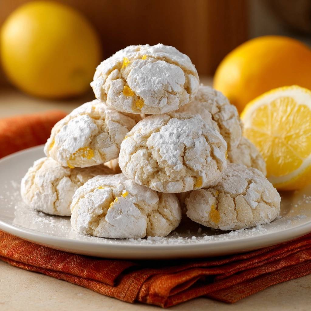 Zitronen-Crinkle-Kekse, serviert auf einem weißen Teller, sind mit Puderzucker bestäubt und mit frischen Zitronen garniert.