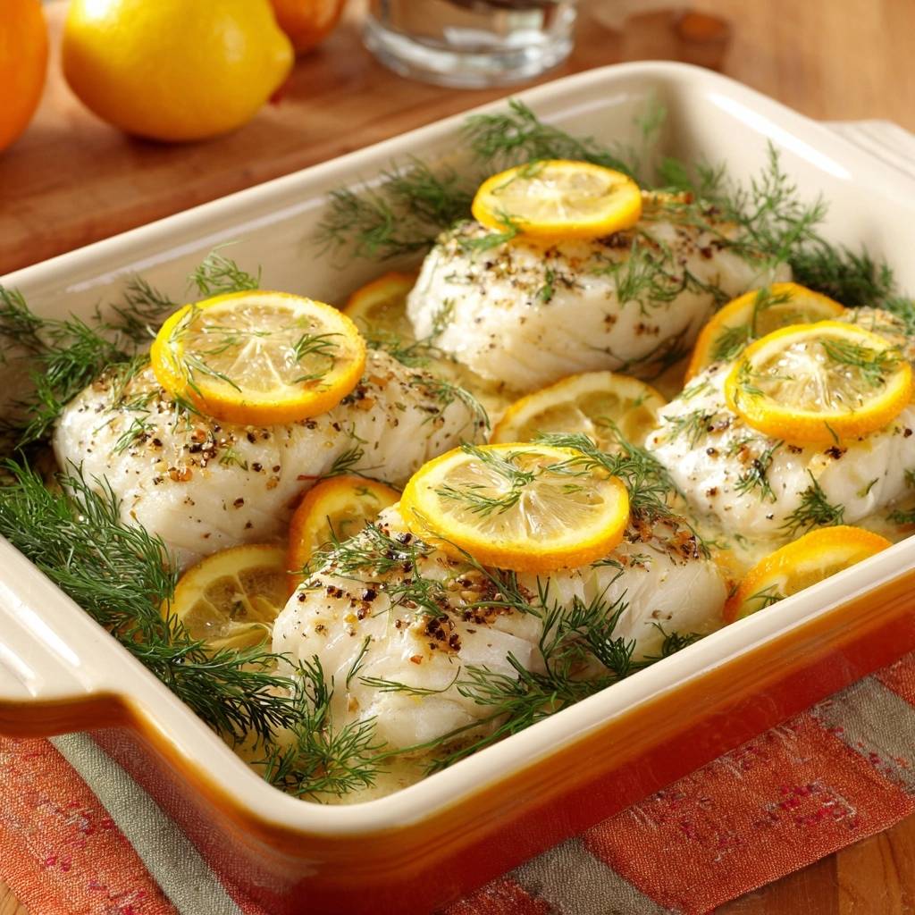 Zitronen Dill Fisch Aus Dem Ofen Draufsicht 1 Zitronen-Dill-Fisch aus dem Ofen in einer Auflaufform, garniert mit frischem Dill und Zitronenscheiben, serviert. Ein köstliches Ofengericht.