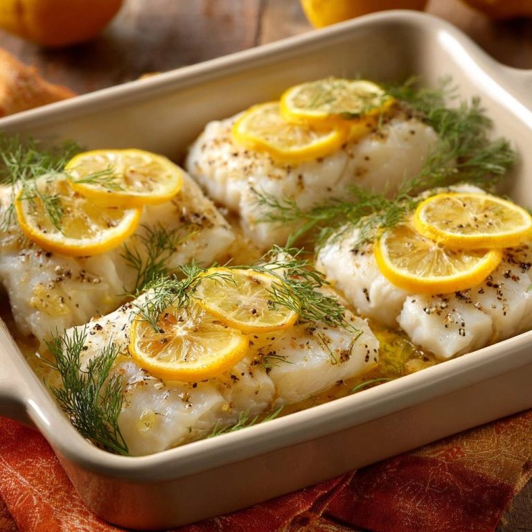 Zitronen-Dill-Fisch aus dem Ofen, saftig und mit Zitronenscheiben und Dill garniert, in einer Auflaufform serviert.