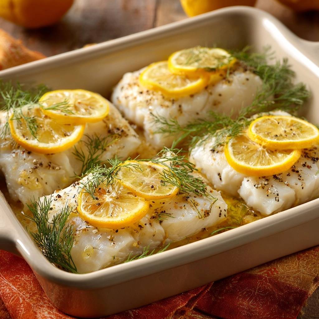 Zitronen-Dill-Fisch aus dem Ofen, saftig und mit Zitronenscheiben und Dill garniert, in einer Auflaufform serviert.