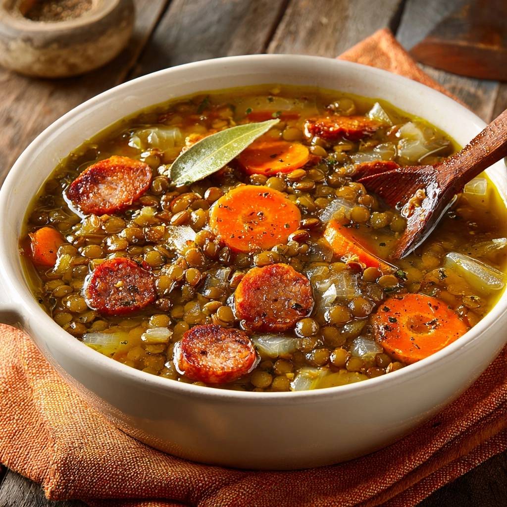 Herzhafter Linseneintopf mit Wursteinlage