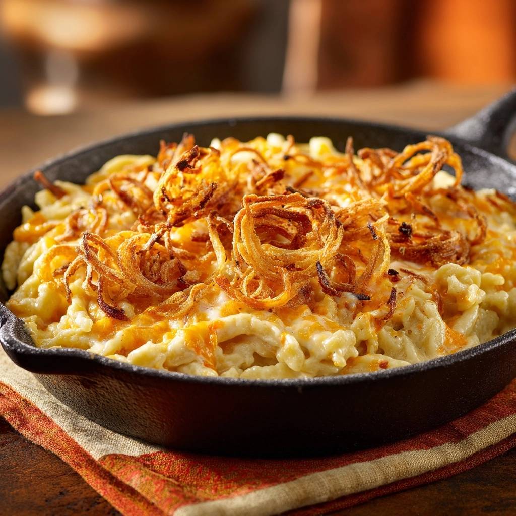 Cremige Pfannen-Käsemakkaroni mit knusprigen Zwiebeln