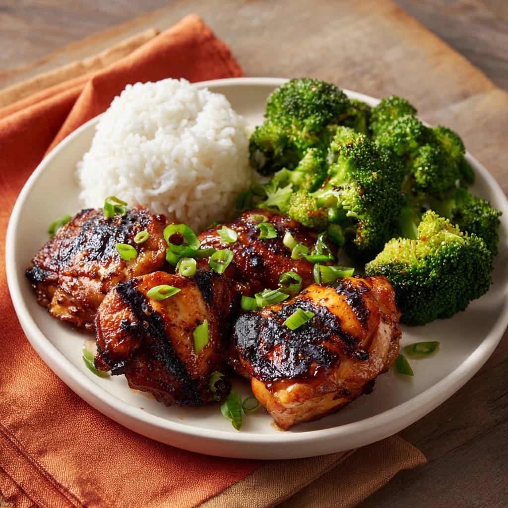Glasierte Hähnchenschenkel mit Brokkoli und Reis