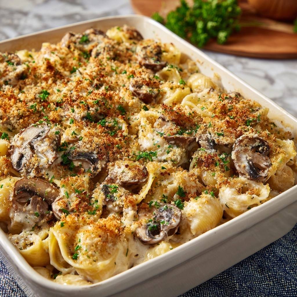 Cremiger Muschelnudel-Auflauf mit Pilzen