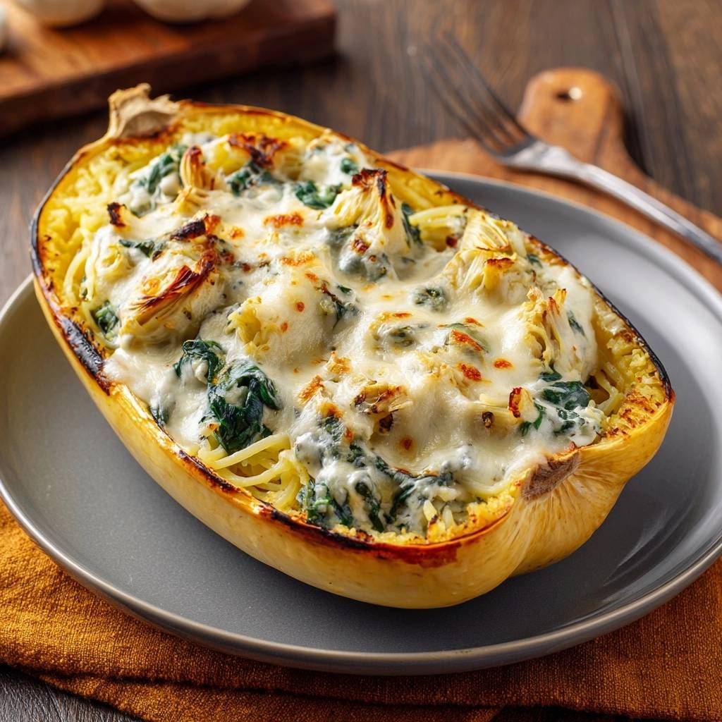 Cremiger Spinat-Artischocken-Spaghettikürbis