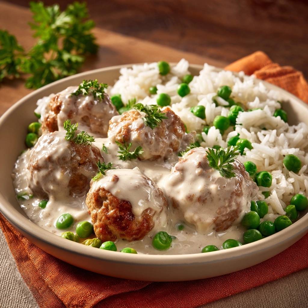 Saftige Hackbällchen in cremiger Soße mit Erbsenreis