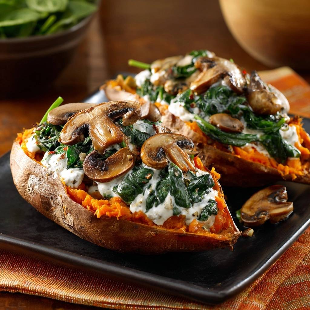 Cremig gefüllte Süßkartoffeln mit Spinat & Pilzen