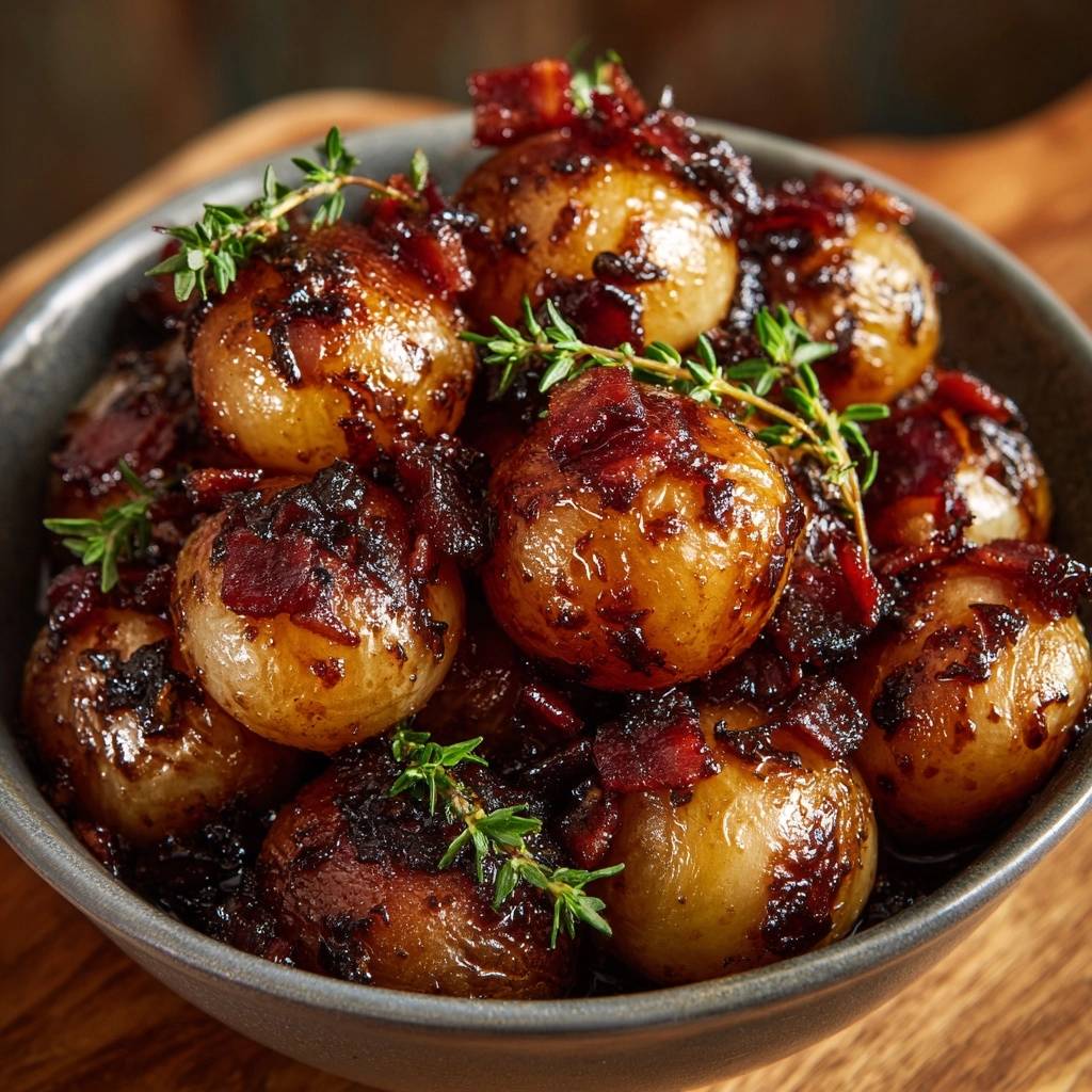 Glasierte Perlzwiebeln mit Speck und Thymian