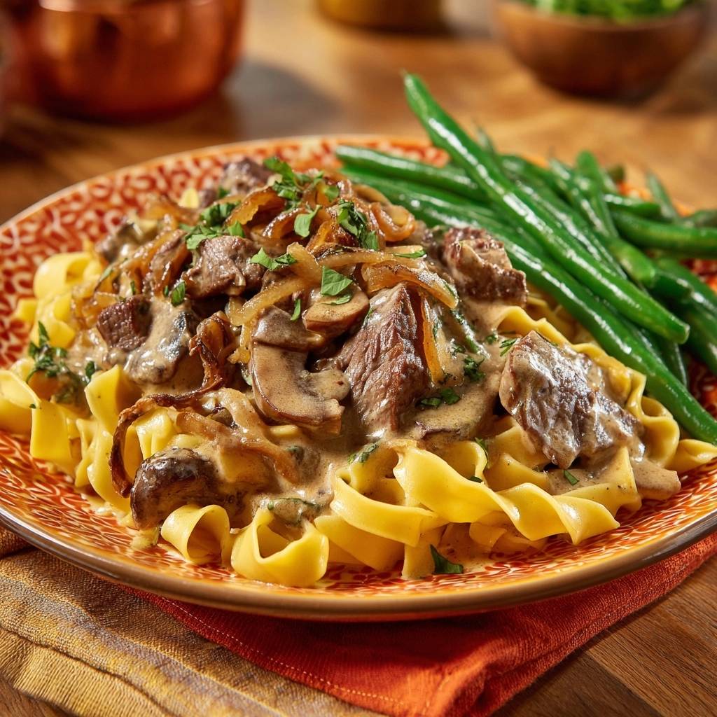 Cremiges Rindfleisch mit Pilzen über breiten Nudeln