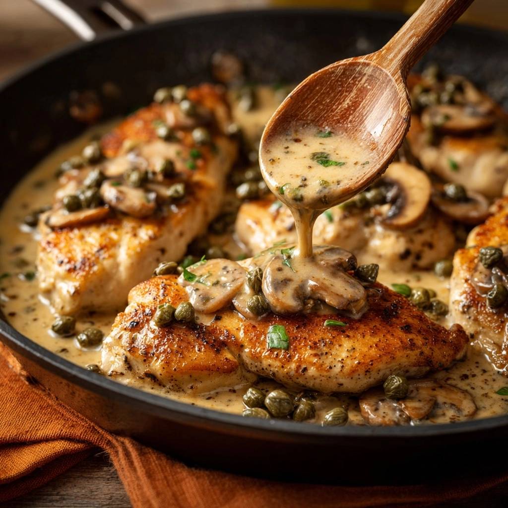 Cremiges Hähnchen mit Pilzen und Kapern