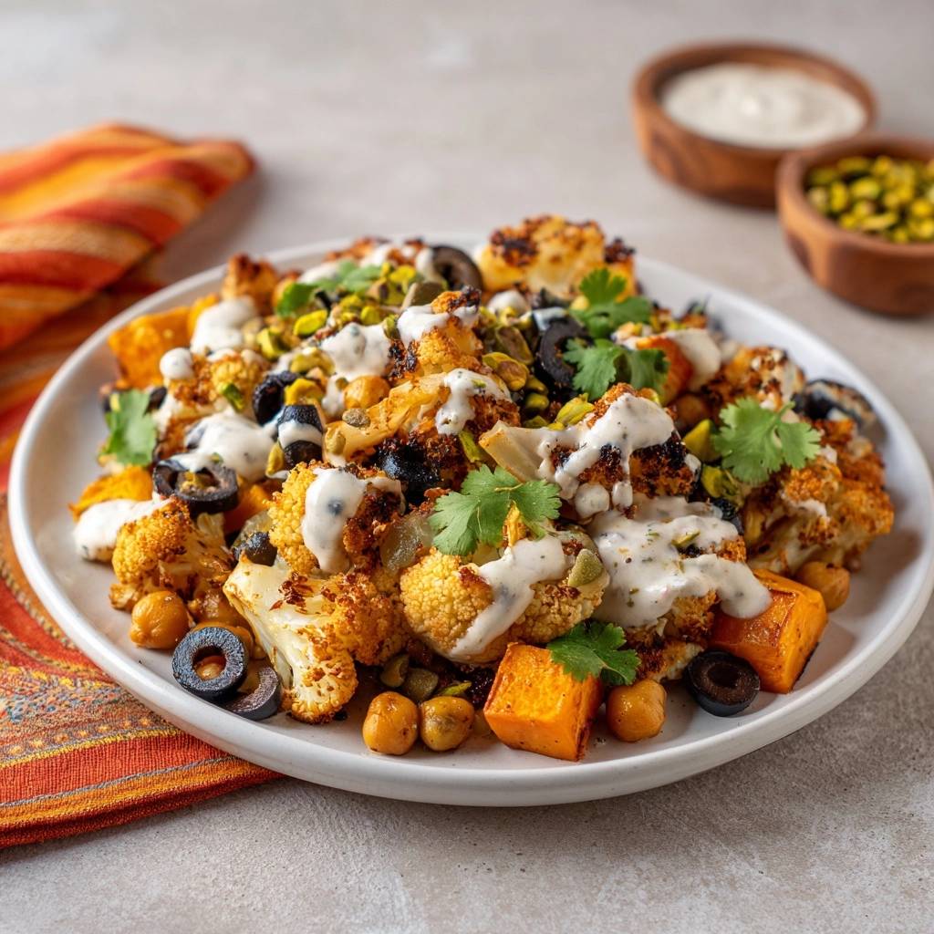 Knuspriger Blumenkohl-Bowl mit Kichererbsen & Süßkartoffeln (Nie wieder matschiger Blumenkohl!)