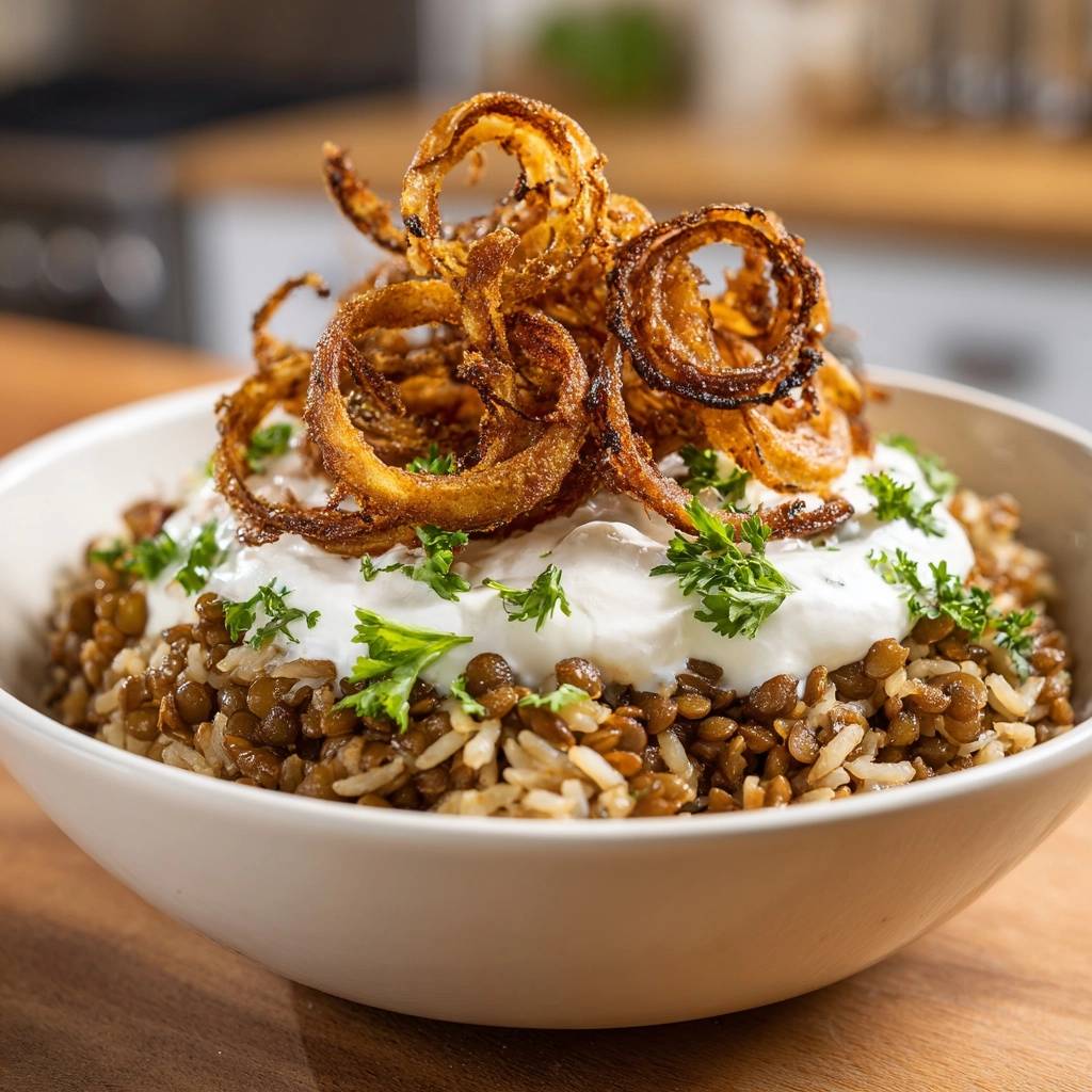 Orientalische Linsen mit Reis und knusprigen Zwiebeln