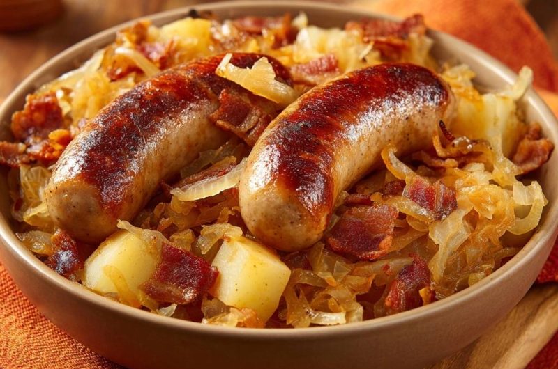Bratwurst mit Sauerkraut, Kartoffeln & Speck