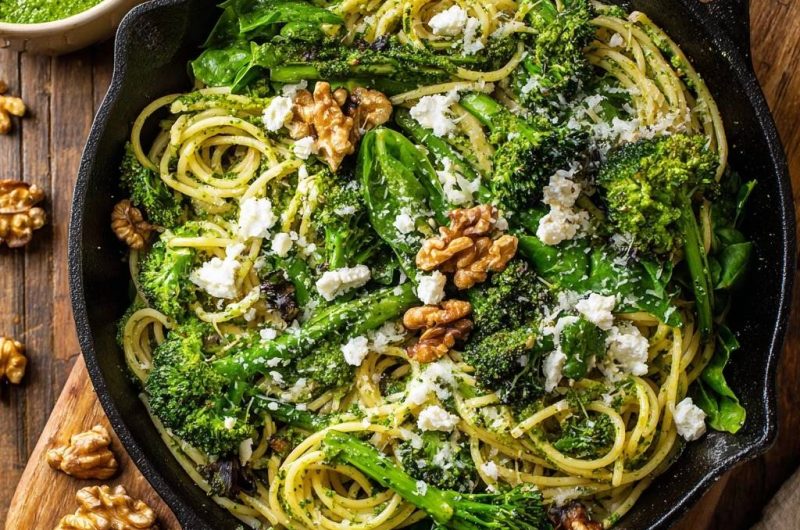 Brokkoli-Pesto-Spaghetti mit Feta & Walnüssen