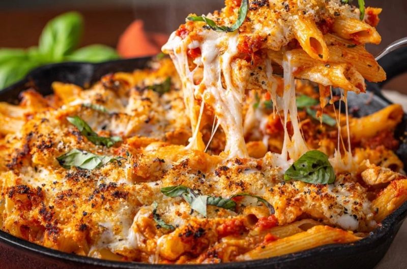 Überbackene Penne mit knuspriger Tomaten-Käse-Kruste