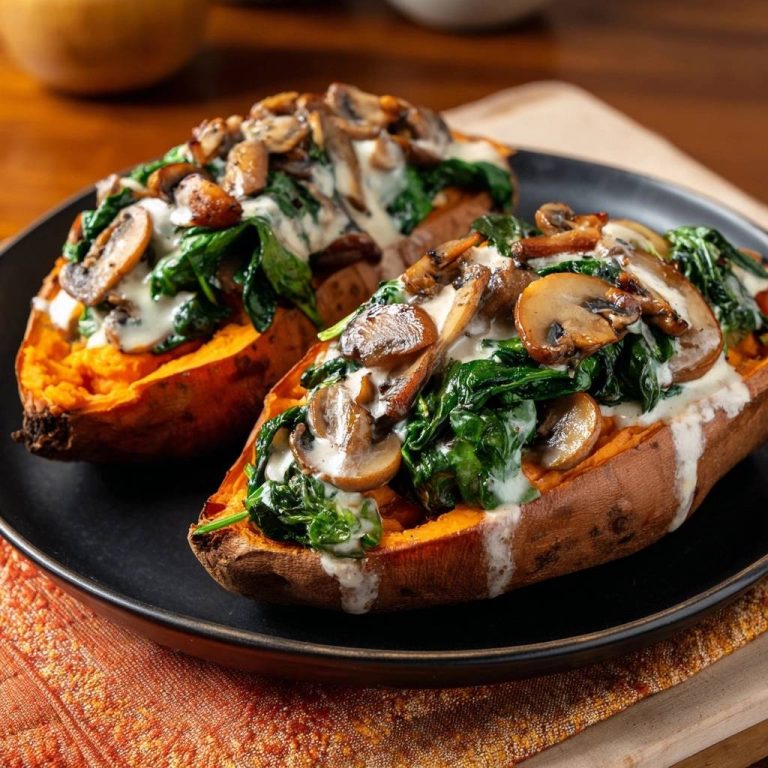 Cremig gefüllte Süßkartoffeln mit Spinat & Pilzen
