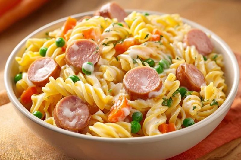 Cremige Fusilli mit Würstchen, Erbsen & Karotten