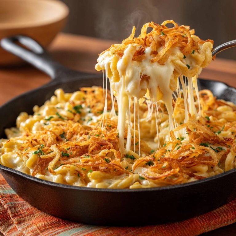 Cremige Pfannen-Käsemakkaroni mit knusprigen Zwiebeln