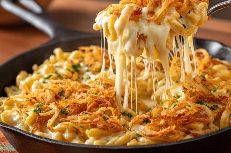 Cremige Pfannen-Käsemakkaroni mit knusprigen Zwiebeln