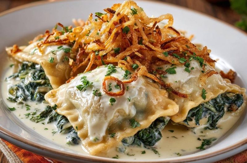 Cremige Spinat-Ravioli mit knusprigen Zwiebeln (Nie wieder platzen die Ravioli!)