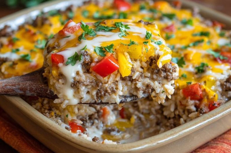 Cremiger Rinderhack-Paprika-Reis-Auflauf