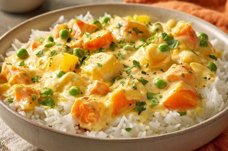 Cremiges Ananas-Garnelen-Curry auf Reis