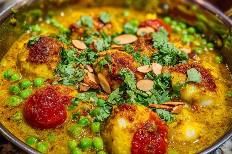 Cremiges Kartoffel-Erbsen-Curry mit Röstkartoffeln