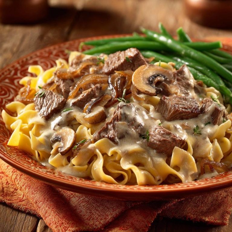 Cremiges Rindfleisch mit Pilzen über breiten Nudeln