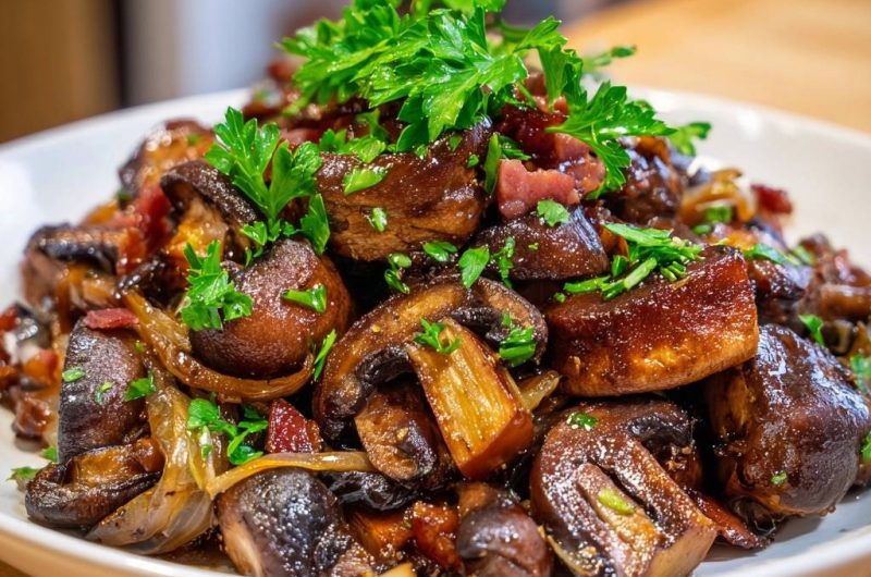 Gebratene Champignons mit Speck und Zwiebeln (Nie wieder wässrige Pilze!)