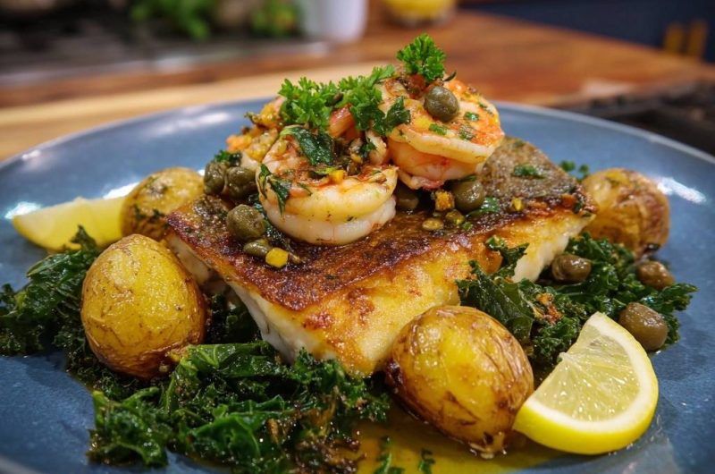 Gebratenes Fischfilet mit Garnelen und Röstkartoffeln