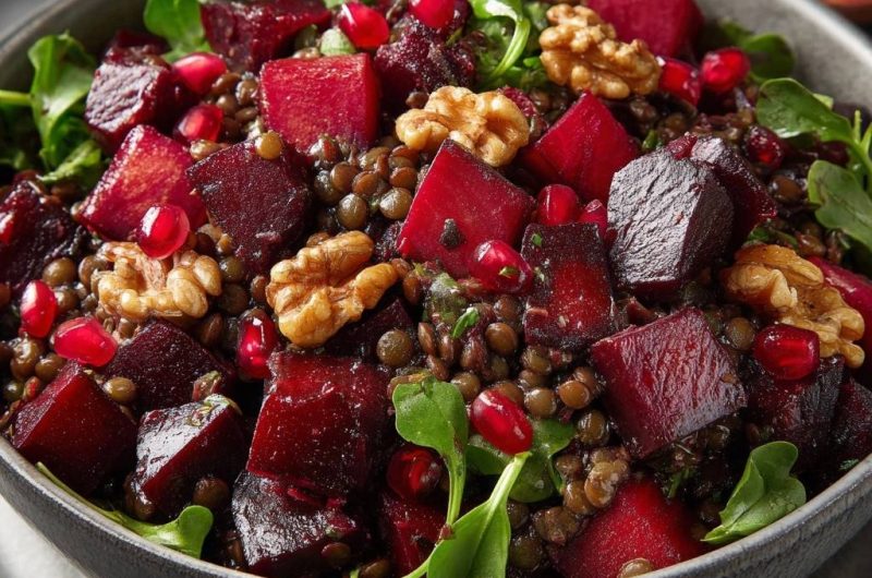 Gerösteter Rote-Bete-Linsen-Salat mit Walnüssen & Granatapfel (Nie wieder matschige Linsen!)