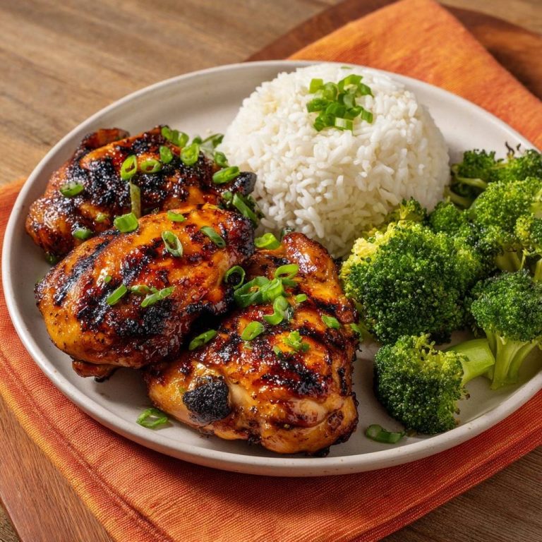 Glasierte Hähnchenschenkel mit Brokkoli und Reis