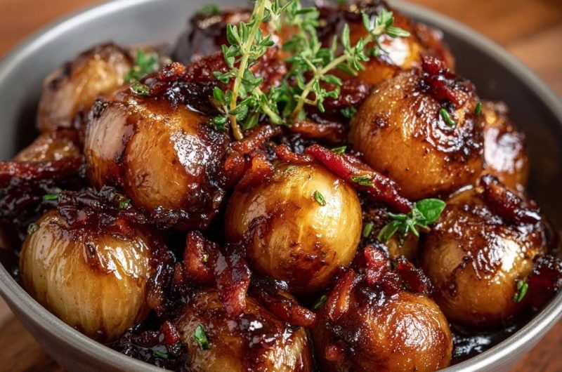 Glasierte Perlzwiebeln mit Speck und Thymian