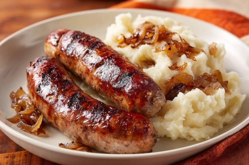 Herzhafte Bratwürste auf Kartoffelstampf