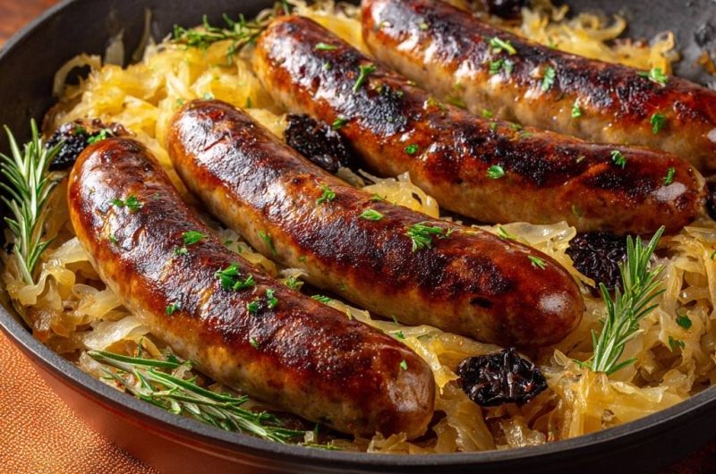 Herzhafte Bratwurst auf Sauerkraut (Nie wieder geplatzte Würstchen!)