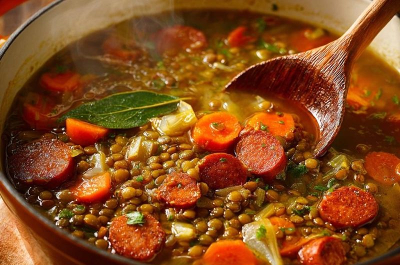 Herzhafter Linseneintopf mit Wursteinlage