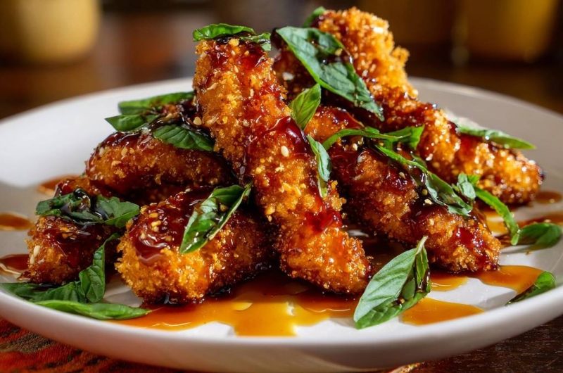 Knusprige Hähnchenstreifen in Honig-Glasur