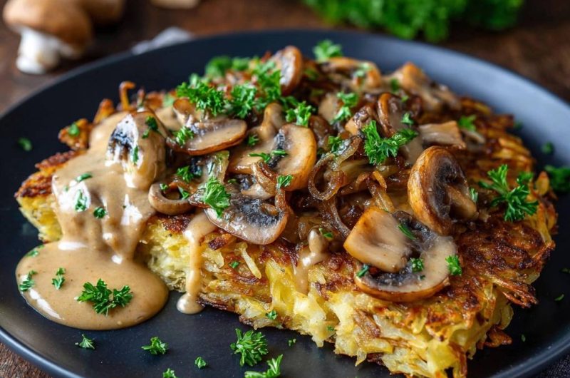 Knusprige Reibekuchen mit Pilzrahmsauce (Nie wieder zerfallende Puffer!)