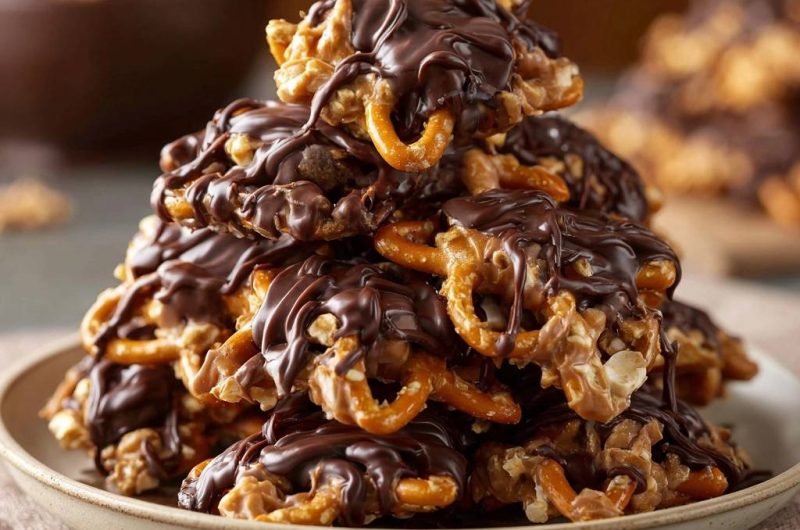 Knusprige Schoko-Brezel-Cluster mit Nüssen und Popcorn