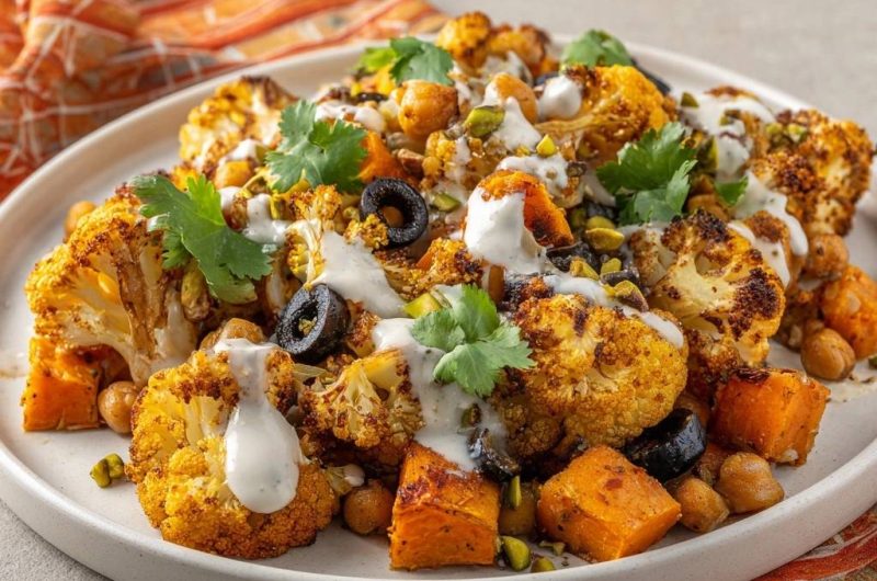 Knuspriger Blumenkohl-Bowl mit Kichererbsen & Süßkartoffeln (Nie wieder matschiger Blumenkohl!)