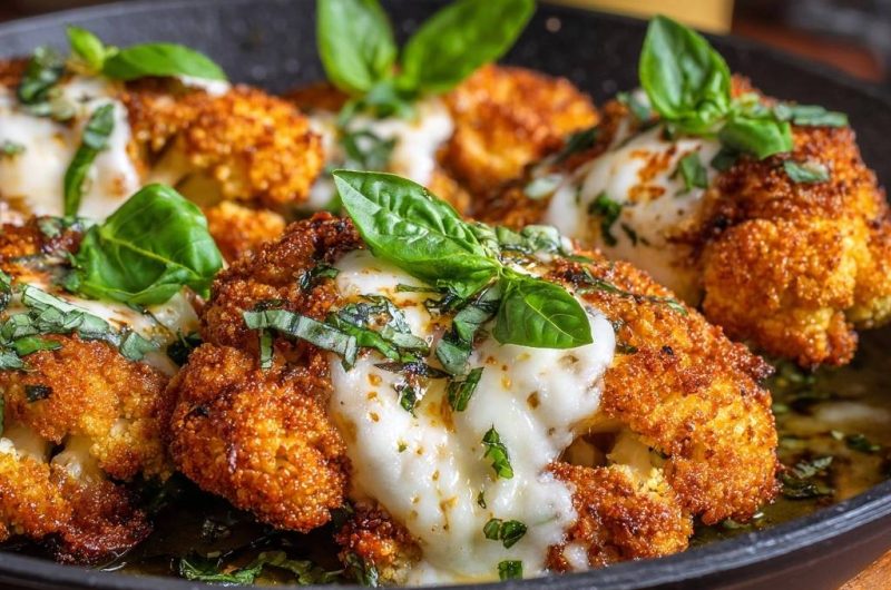 Knuspriger Blumenkohl mit Mozzarella und Basilikum