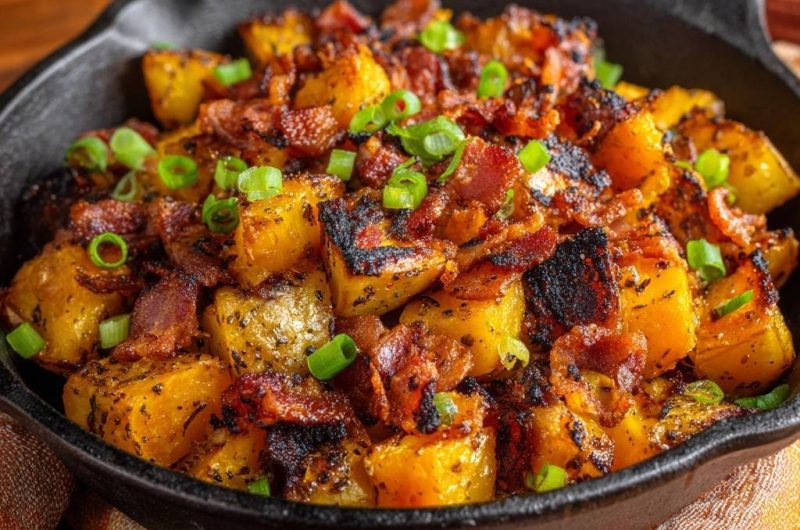 Knuspriger Kürbis mit Speck und Frühlingszwiebeln