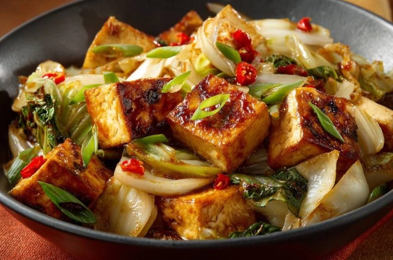 Knuspriger Tofu-Wok mit Lauch, Chili & Pak Choi