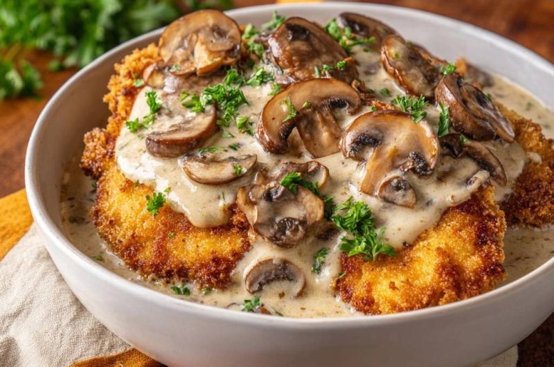 Knuspriges Hähnchenschnitzel mit Champignon-Rahmsauce