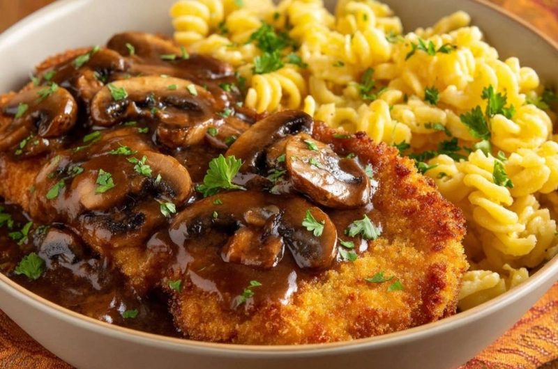 Knuspriges Jägerschnitzel mit Spirelli