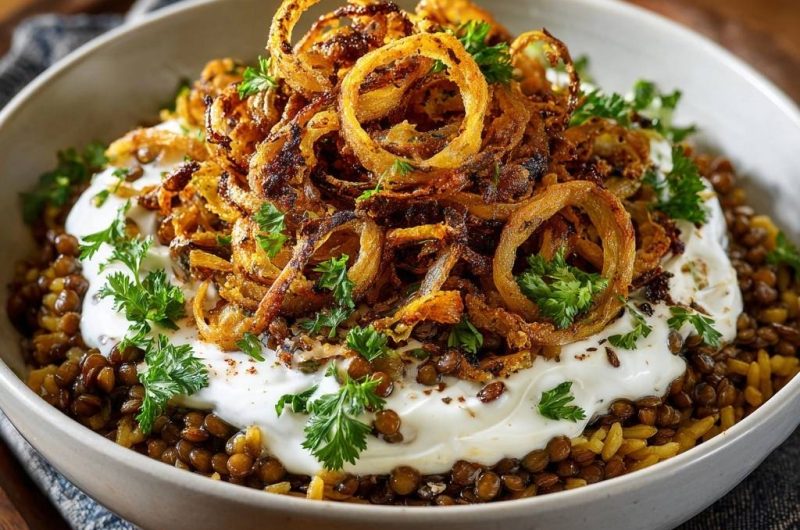 Orientalische Linsen mit Reis und knusprigen Zwiebeln