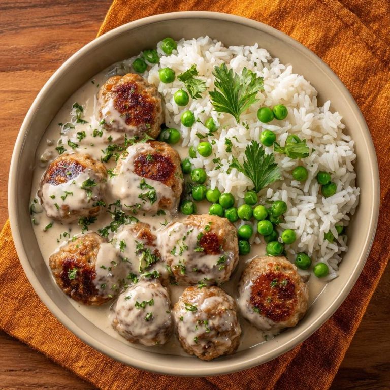 Saftige Hackbällchen in cremiger Soße mit Erbsenreis