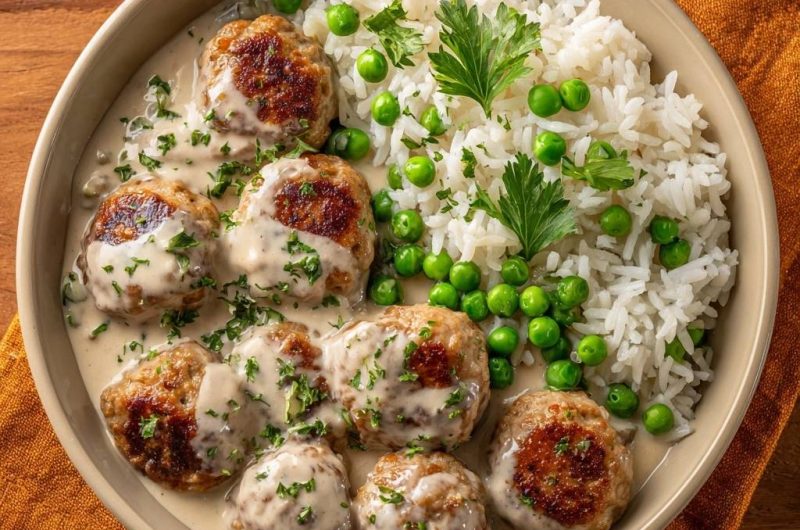 Saftige Hackbällchen in cremiger Soße mit Erbsenreis