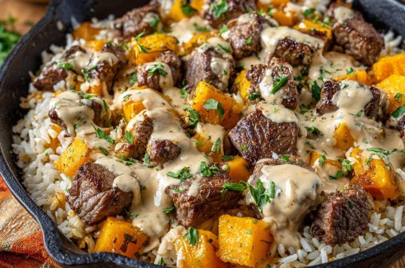 Saftige Rindfleisch-Kürbis-Pfanne mit Reis
